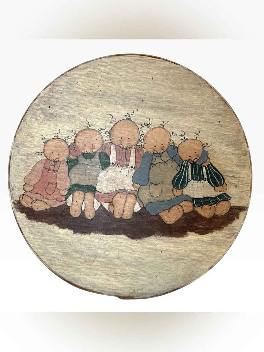 Vintage Bentwood Cheese Box Round Wooden Pantry Box Folk Art Painted Rag Dolls